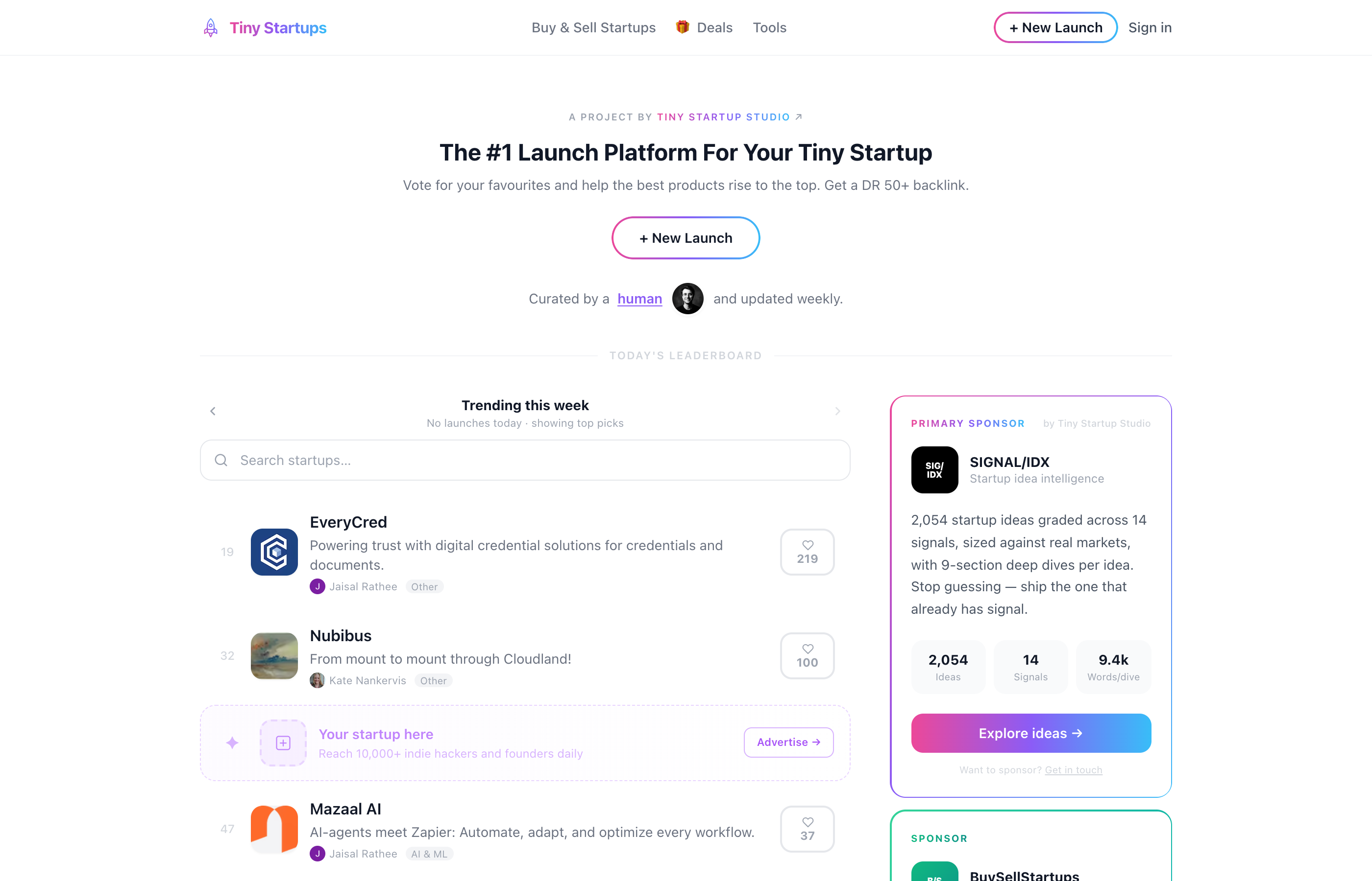 Tiny Startups — daily launch leaderboard