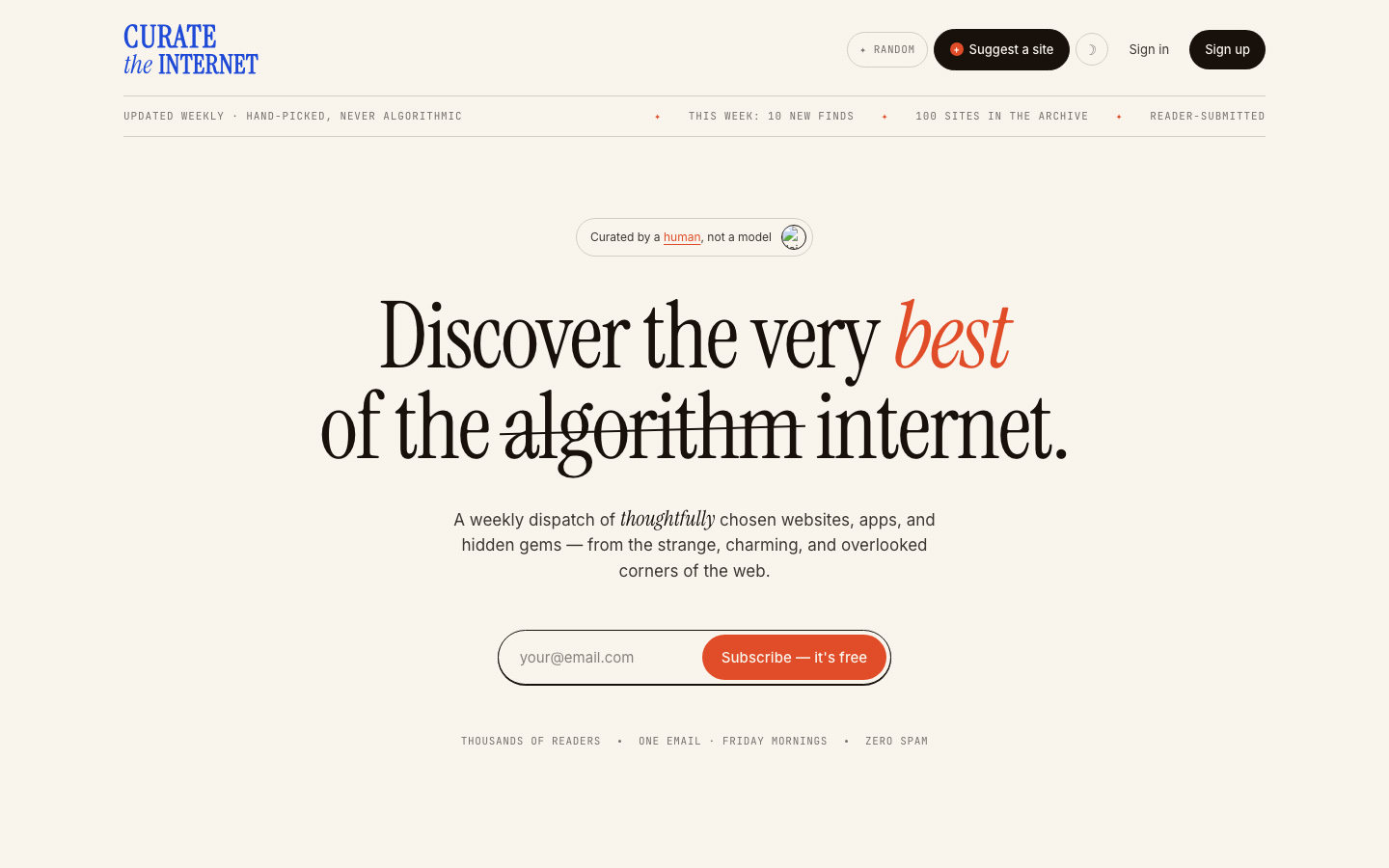 Curate the Internet — weekly hand-picked website roundup
